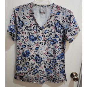 FLEX CORE Women's 8 Way Stretch Scrub Top V Neck Short Sleeve Floral Size Small
